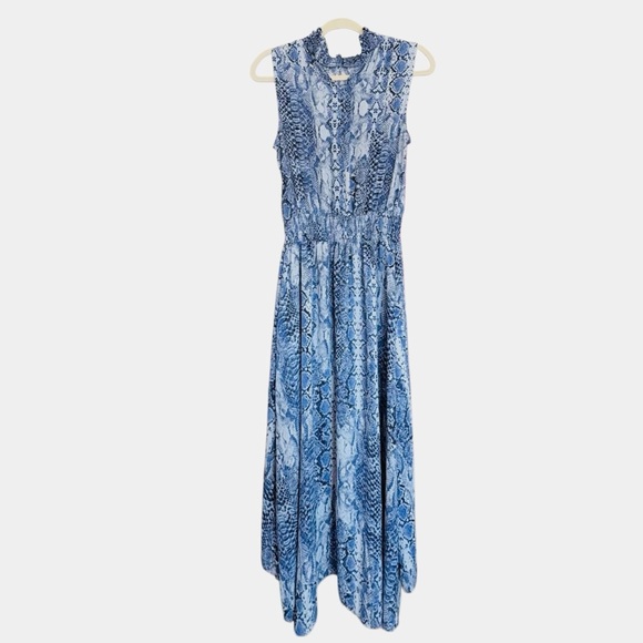 Nanette Lepore Stevie Snake-print Hi-Low Smocked-Waist Sleeveless Blue Dress - Picture 14 of 16